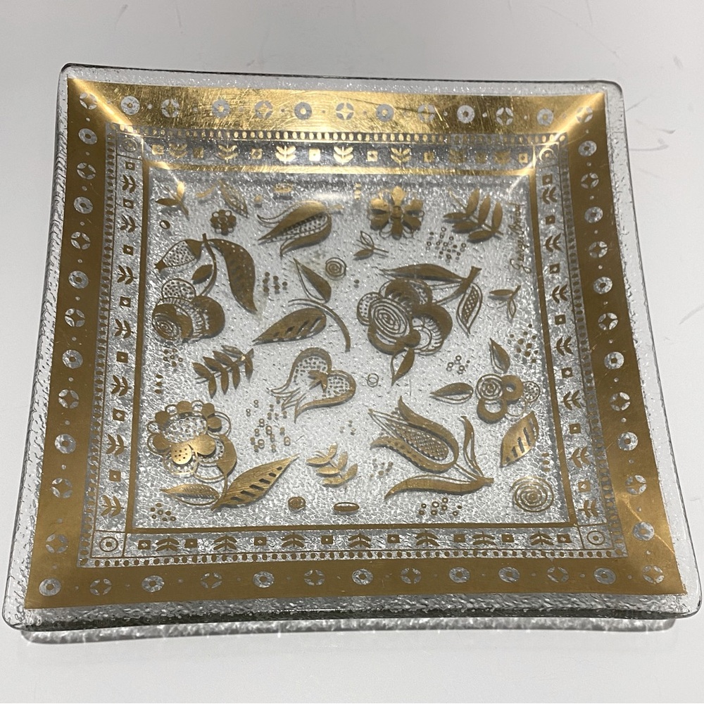 Georges Briard Persian Garden Square Trinket Dish Clear Glass Gold Floral Signed